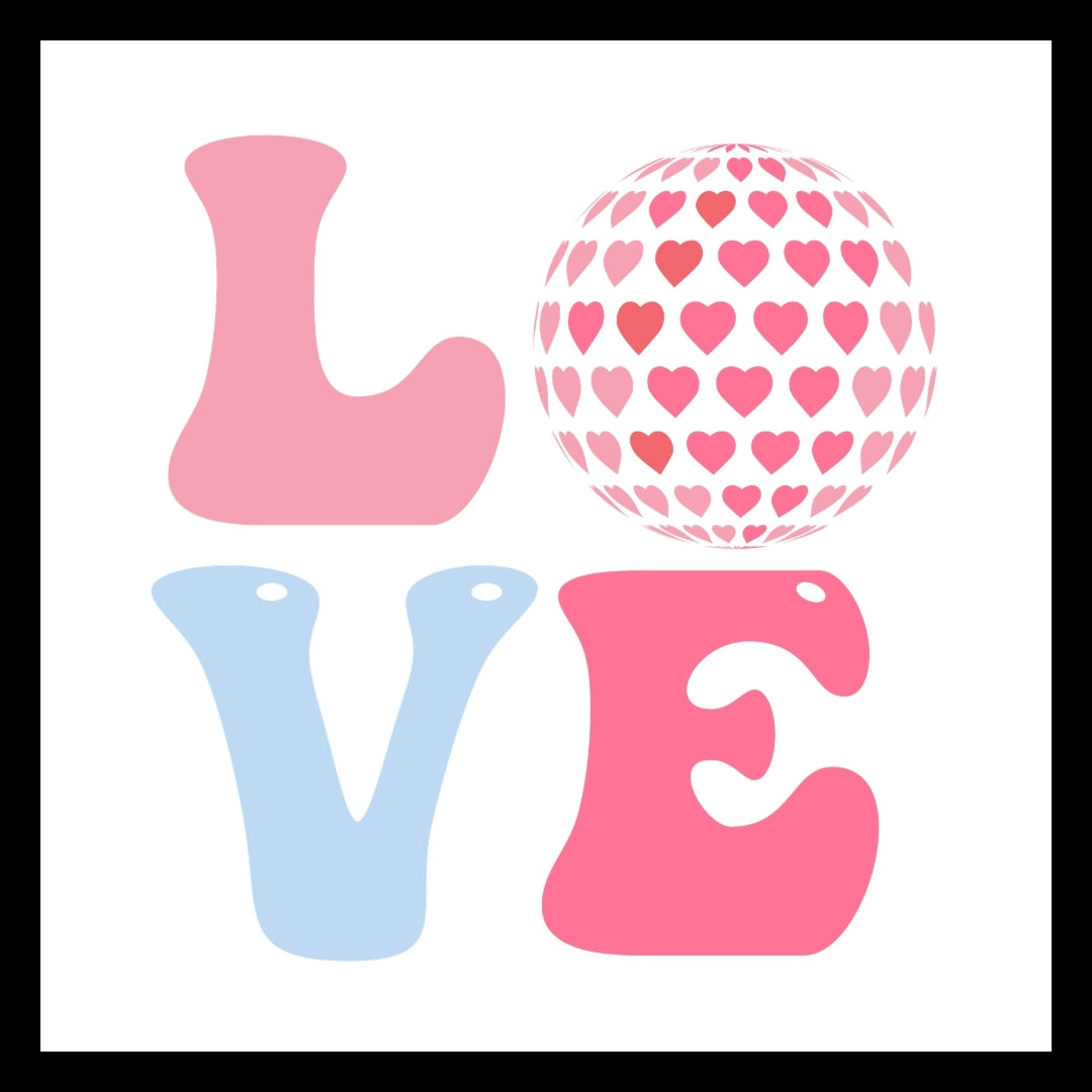 Decorative letters spelling 'LOVE' in pink and blue, with a pink and red heart-patterned balloon on a white background.
