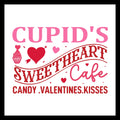 'Cupid's Sweetheart Cafe - Candy, valentine kisses' in red and pink text with pink and red hearts and a cupcake on a white background.