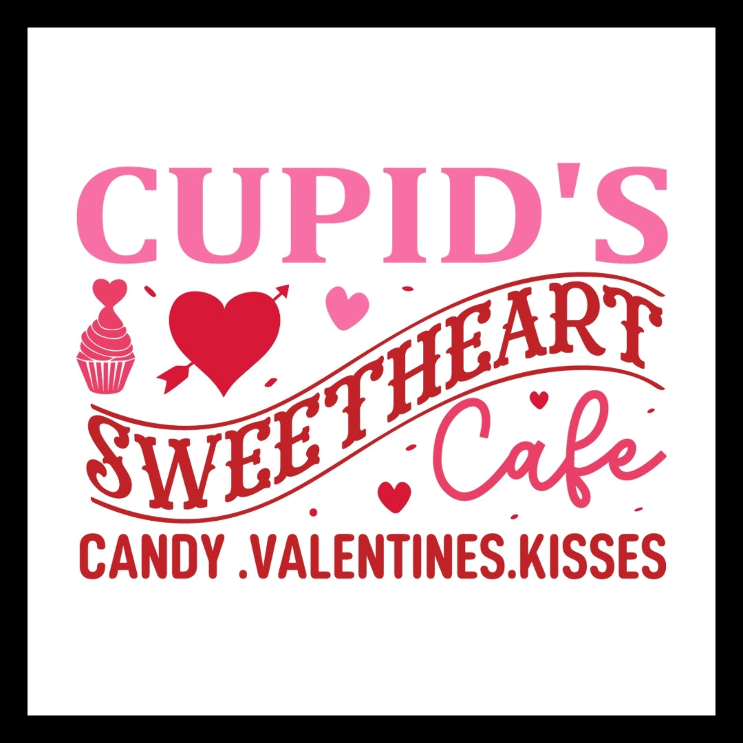 'Cupid's Sweetheart Cafe - Candy, valentine kisses' in red and pink text with pink and red hearts and a cupcake on a white background.