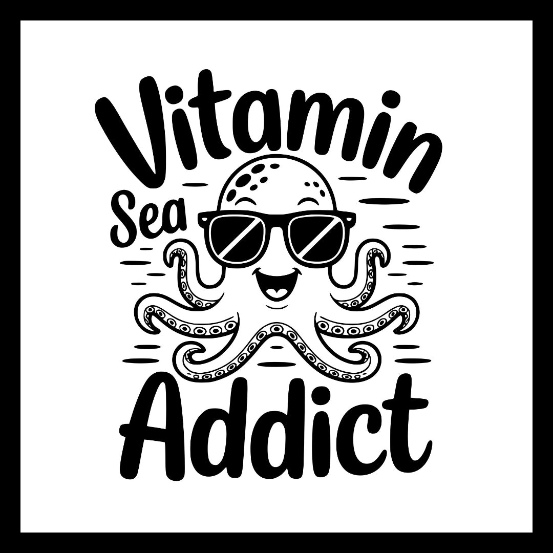 Black and white image of a smiling octopus wearing sunglasses with lack text 'vitamin sea addict' on a white background.