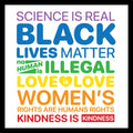 Colorful text poster with social justice messages on a white background