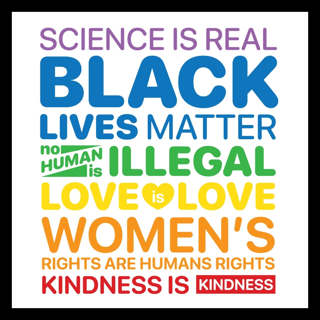 Colorful text poster with social justice messages on a white background