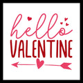 Red and pink text 'hello VALENTINE' with red and pink hearts and an arrow on a white background.