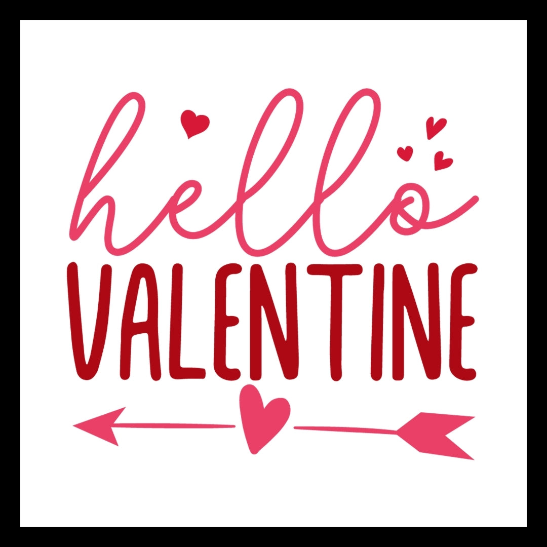 Red and pink text 'hello VALENTINE' with red and pink hearts and an arrow on a white background.