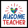 'Ausome Teacher' in blue and red text with multi-colored puzzle pieces making a heart with red stripes radiating from the heart, on a white background.