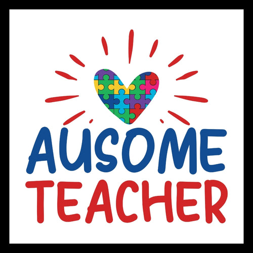 'Ausome Teacher' in blue and red text with multi-colored puzzle pieces making a heart with red stripes radiating from the heart, on a white background.