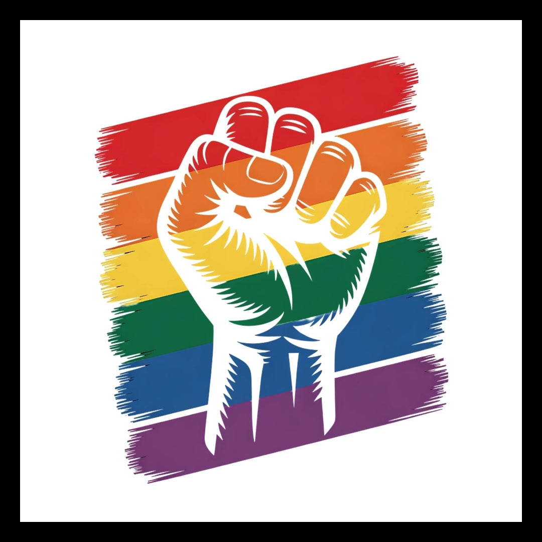 Rainbow fist graphic with a white background.