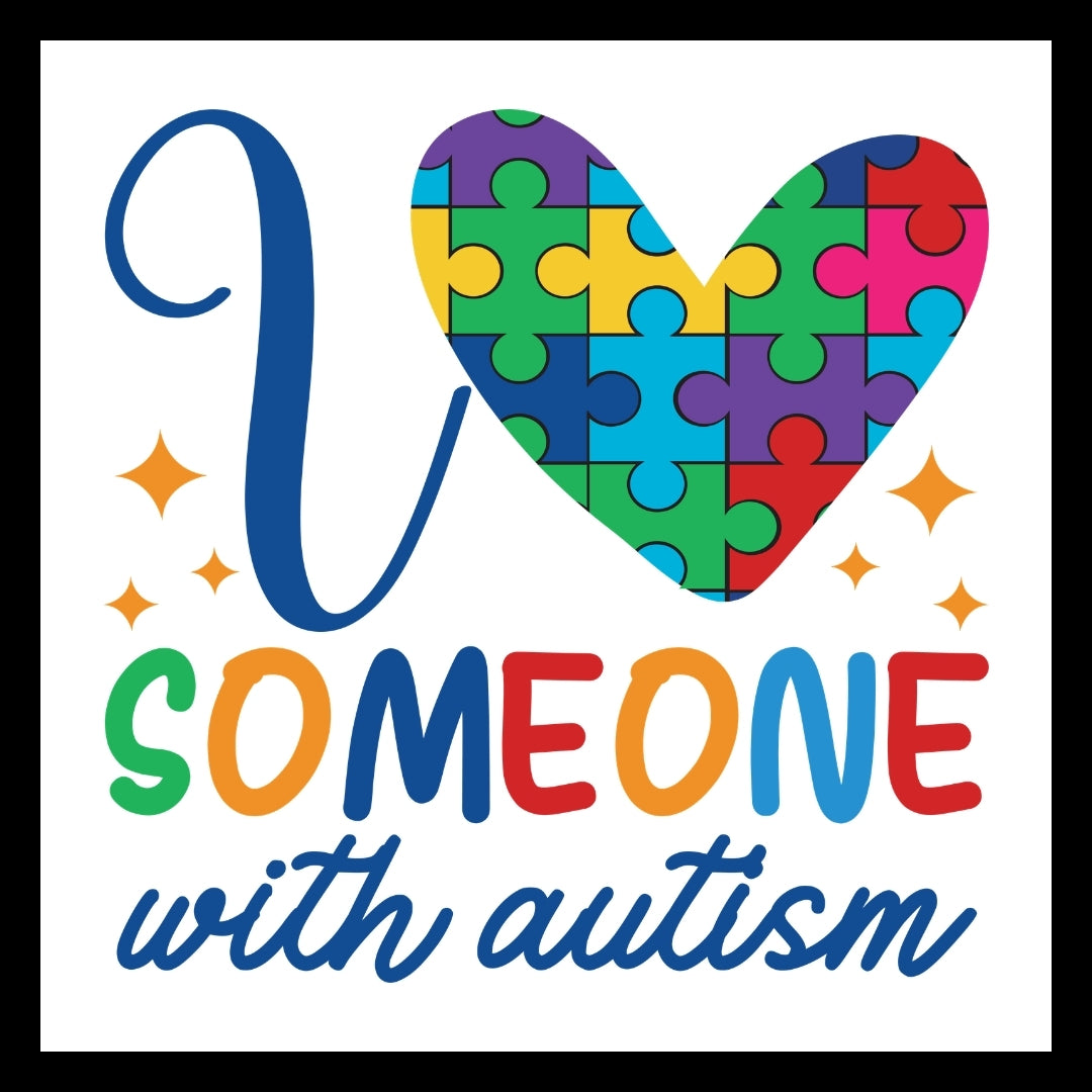 "I love someone with Autism' in multi-colors, with yellow stars and multi-colored puzzle pieces making a heart, on a white background
