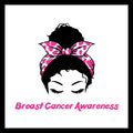 Image of a women with black hair tied up with a pink and white scarf, with 'Breast Cancer Awareness' text in bright pink, on a white background.