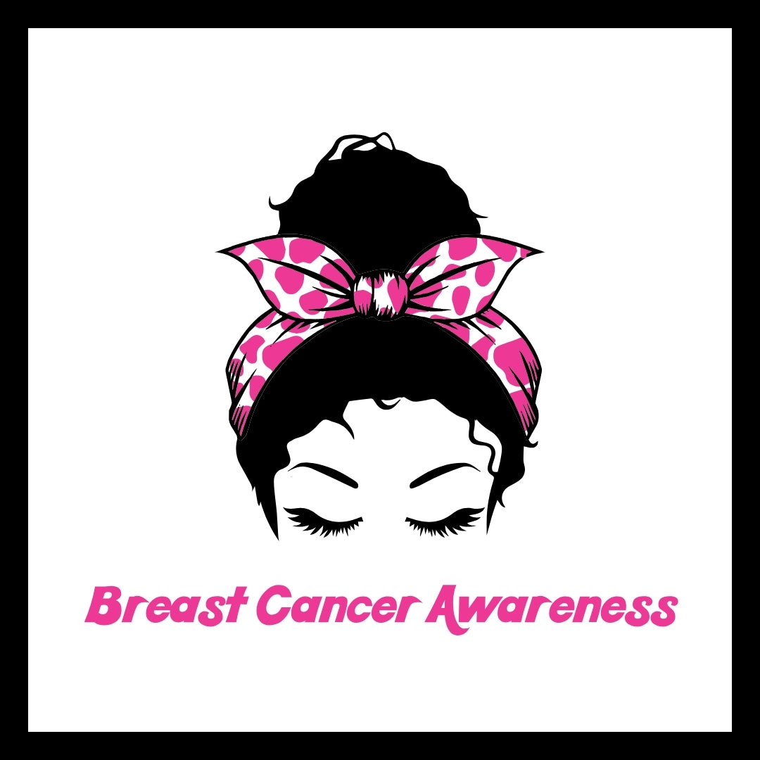Image of a women with black hair tied up with a pink and white scarf, with 'Breast Cancer Awareness' text in bright pink, on a white background.
