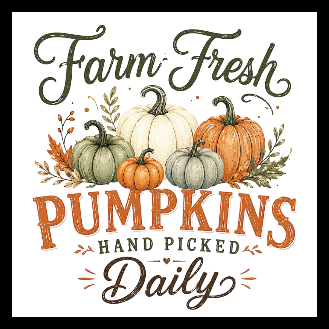 'Farm fresh pumpkins hand picked daily' in dark green, orange and brown text, with images of orange, green and off-white pumpkin, surrounded by fall decorative flowers, on a white background.