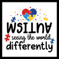 'Autism is seeing the world differently' in black text with multi-colored puzzle pieces and dots on a white background.