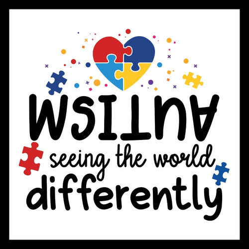 'Autism is seeing the world differently' in black text with multi-colored puzzle pieces and dots on a white background.