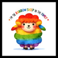 Colorful cartoon sheep with rainbow colors and text 'I'm the rainbow sheep in the family' on a white background.