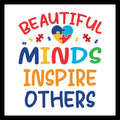 'BEAUTIFUL MINDS INSPIRE OTHERS' in multi-colored text with multi-colored puzzle pieces making a heart, with other multi-colored puzzle pieces, on a white background.