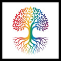 Colorful tree of life with roots on a white background.
