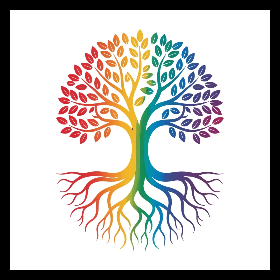 Colorful tree of life with roots on a white background.