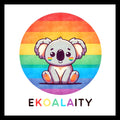 Cartoon koala with rainbow color background and 'EKOALAITY' colorful text on a white background.