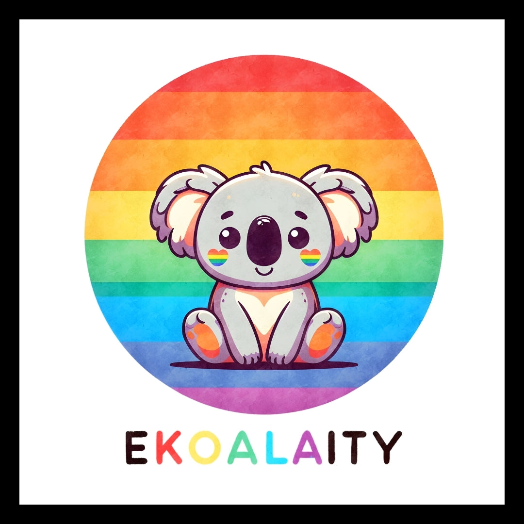Cartoon koala with rainbow color background and 'EKOALAITY' colorful text on a white background.