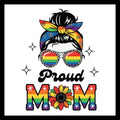 Illustration of a female wearing rainbow sunglasses and a rainbow bandana with the text 'Proud Mom' and a rainbow flower on a white background.