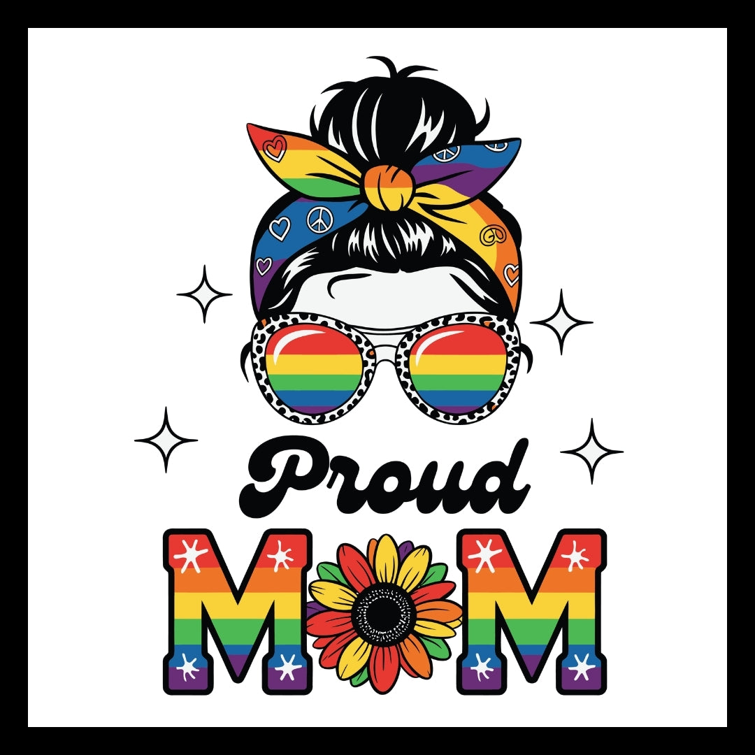 Illustration of a female wearing rainbow sunglasses and a rainbow bandana with the text 'Proud Mom' and a rainbow flower on a white background.