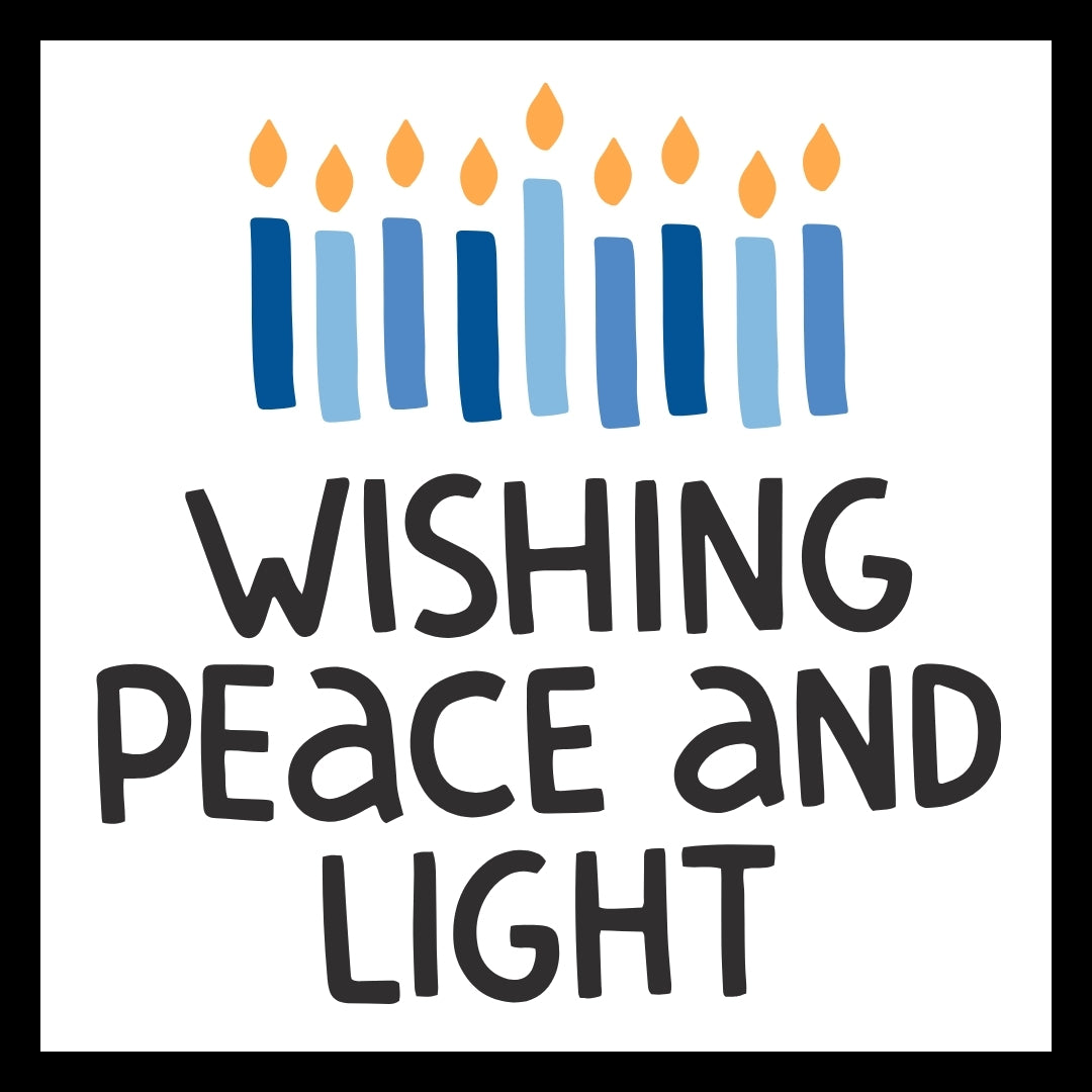 'Wishing peace and light' in black text with blue candles and yellow flames on a white background.