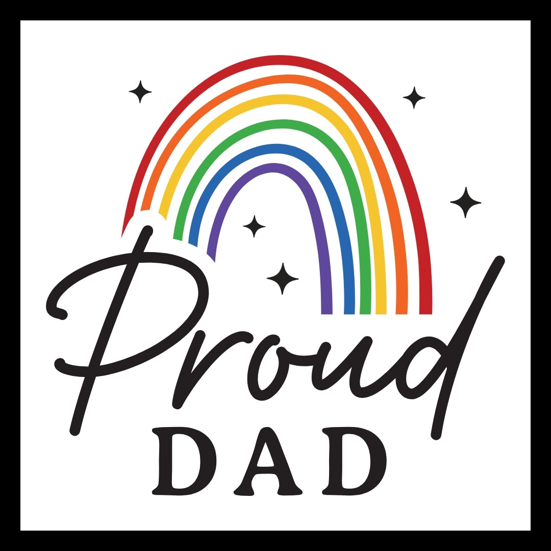 Logo with rainbow, stars, and 'Proud Dad' black text on a white background.
