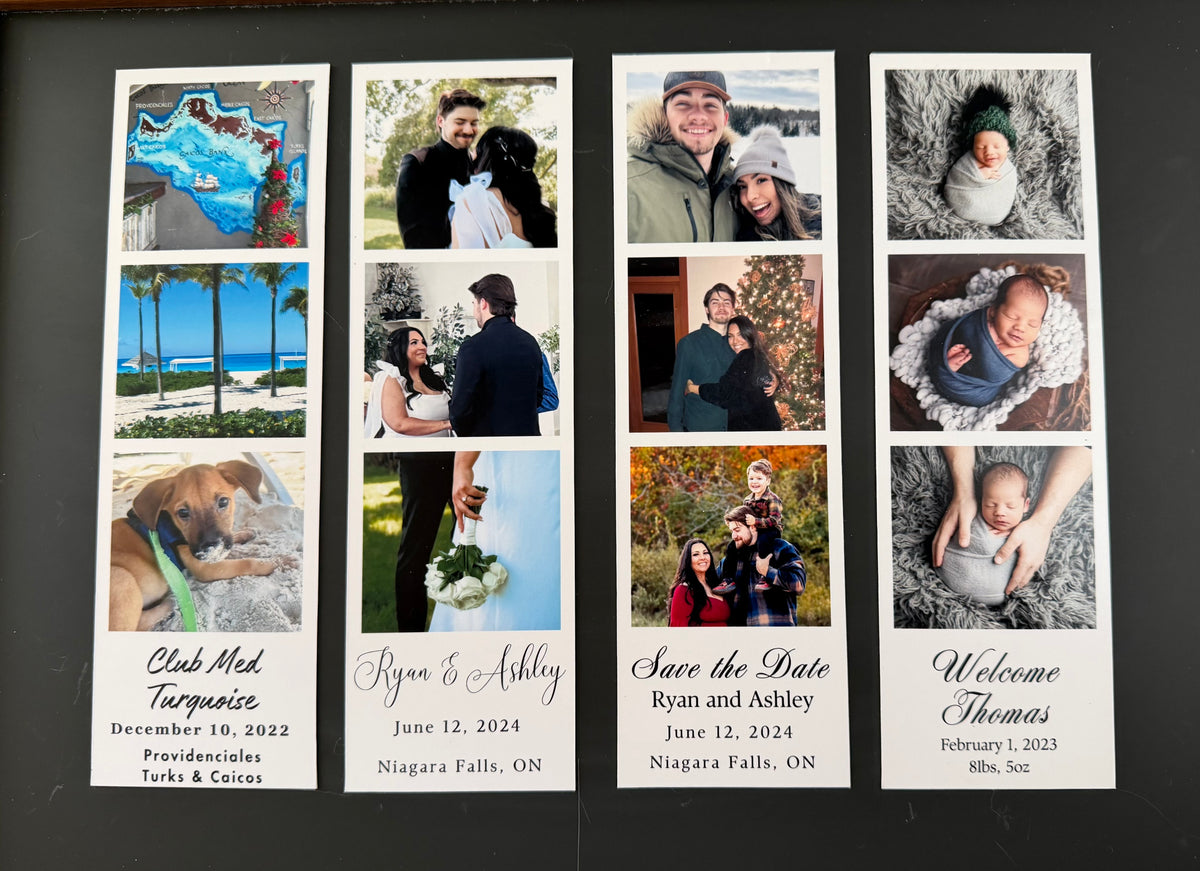 Collection of personalized photo strips with various images and text on a black background.