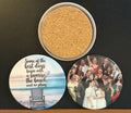 Two large round images of drink coasters with the third being the cork backing, photographed on a dark background. 