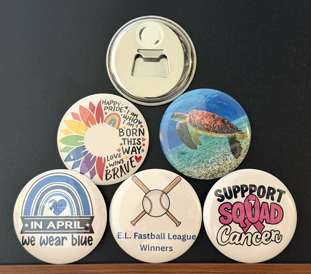 Collection of round images with one being the back which a magnetic bottle cap opener, photographed on a  dark background