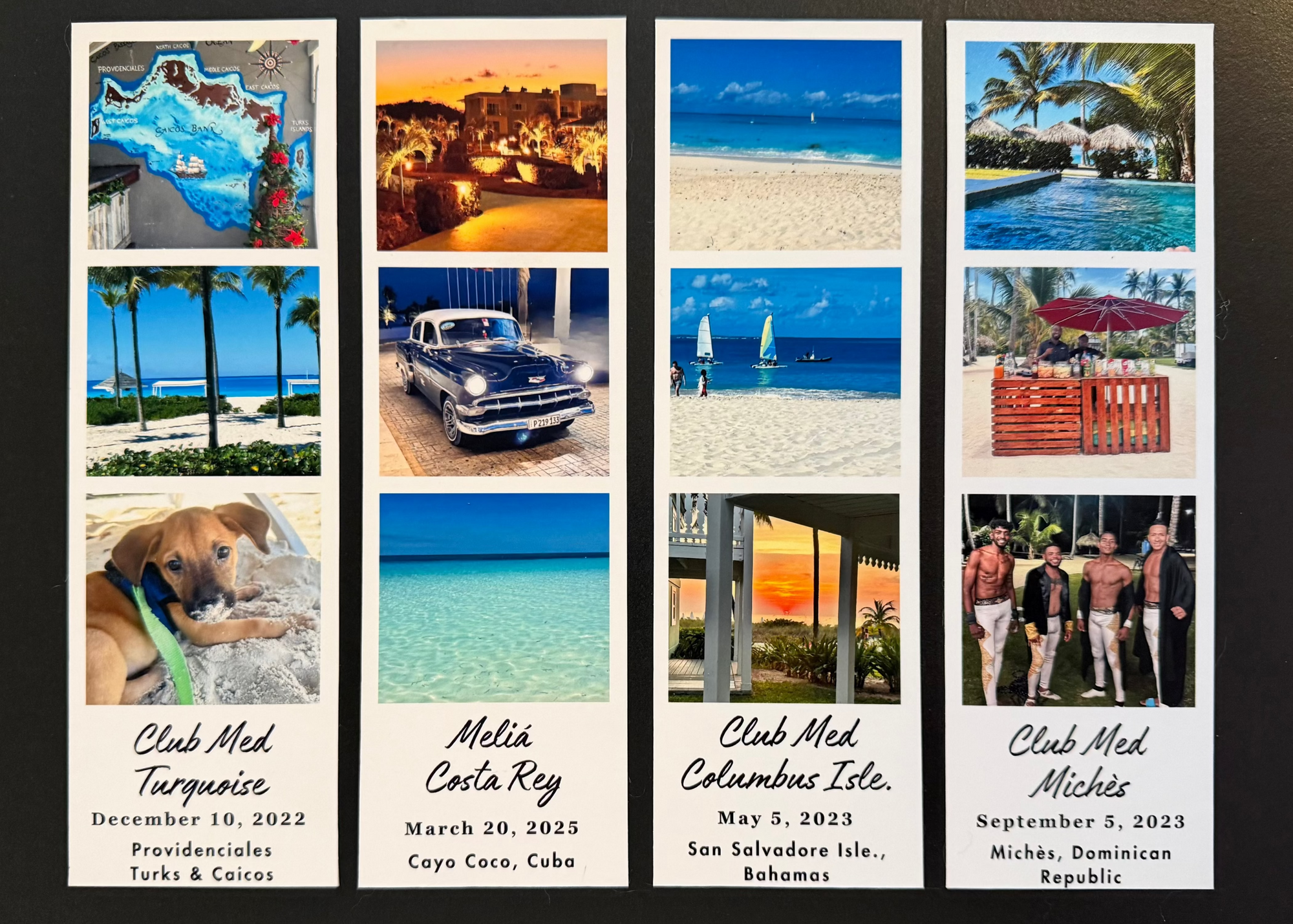 Collection of travel photo prints with various locations and dates on a black background
