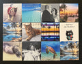 A collage of various square images including a cat in a Santa hat, a couple, a sunset over water, and more photographed on a dark background.