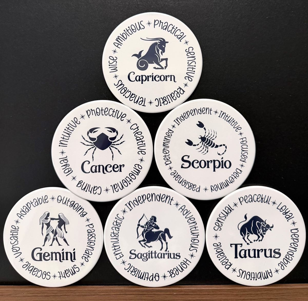 Set of 6 white zodiac drink coasters with dark navy blue text each of the 6 of 12 zodiac signs with each button displaying different characteristics associated with each zodiac sign, arranged in a pyramid formation on a dark background.